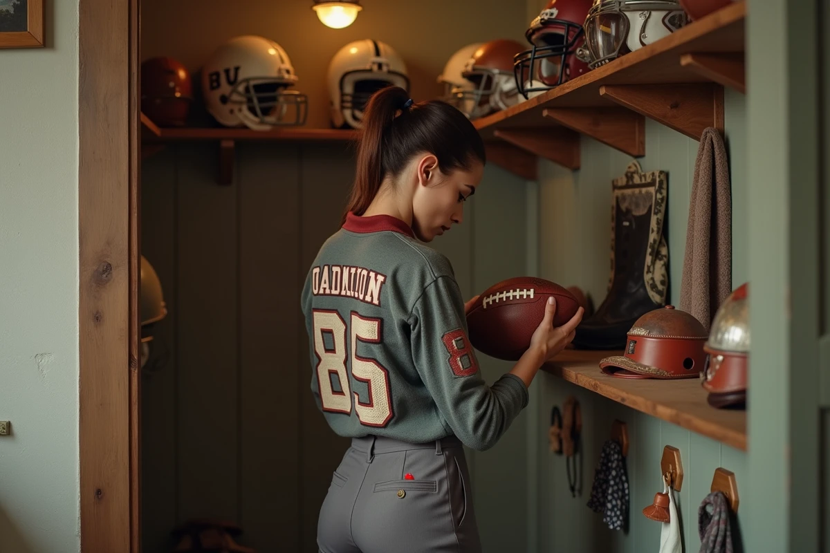 Jeune femme arrangeant des souvenirs de football dans un couloir rétro