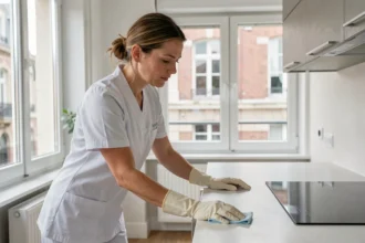 Femme de ménage professionnelle en uniforme blanc nettoyant un plan de travail dans un appartement moderne de Lille