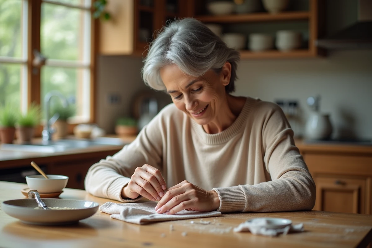 Femme nettoie un anneau en argent avec soin dans la cuisine