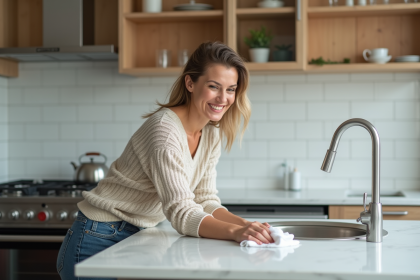 Femme en sweater nettoyant la cuisine avec un chiffon