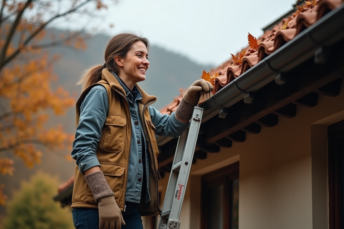 Femme souriante nettoyant les feuilles sur le toit avec une échelle