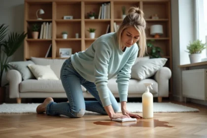 Femme nettoyant un parquet avec une cire et un chiffon