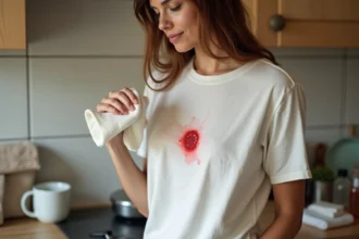 Femme nettoyant une tache sur un vêtement blanc dans la cuisine