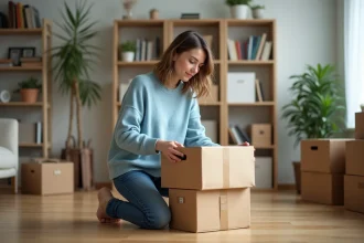 Femme ployant des cartons dans un salon cosy