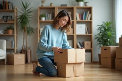 Femme ployant des cartons dans un salon cosy