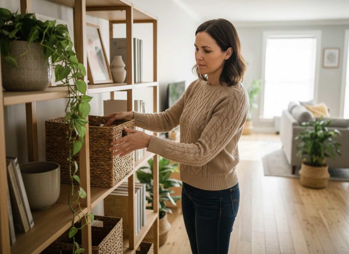 Femme en train d'organiser des paniers dans un salon lumineux