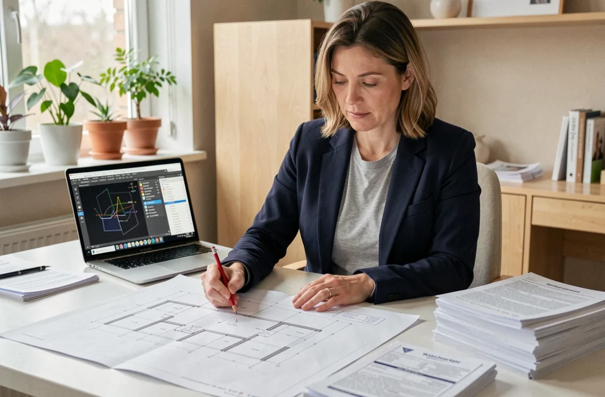 Femme examinant des plans en coupe de maison imprimés sur un bureau à domicile pour préparer un dossier de permis de construire