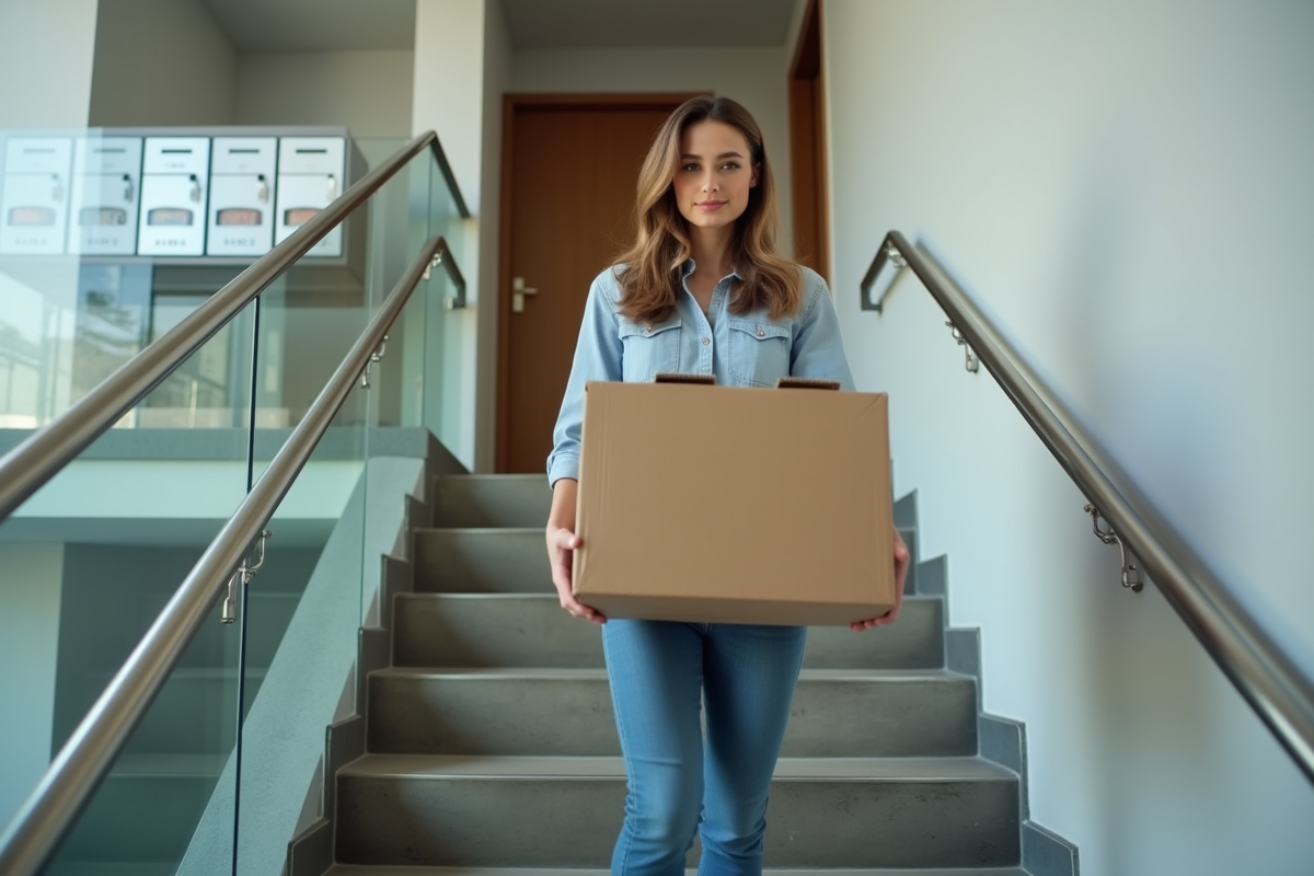 Jeune femme portant une boîte de déménagement dans un appartement moderne