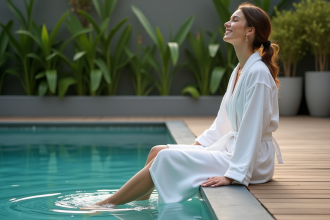 Femme en robe blanche détendue au bord de la piscine