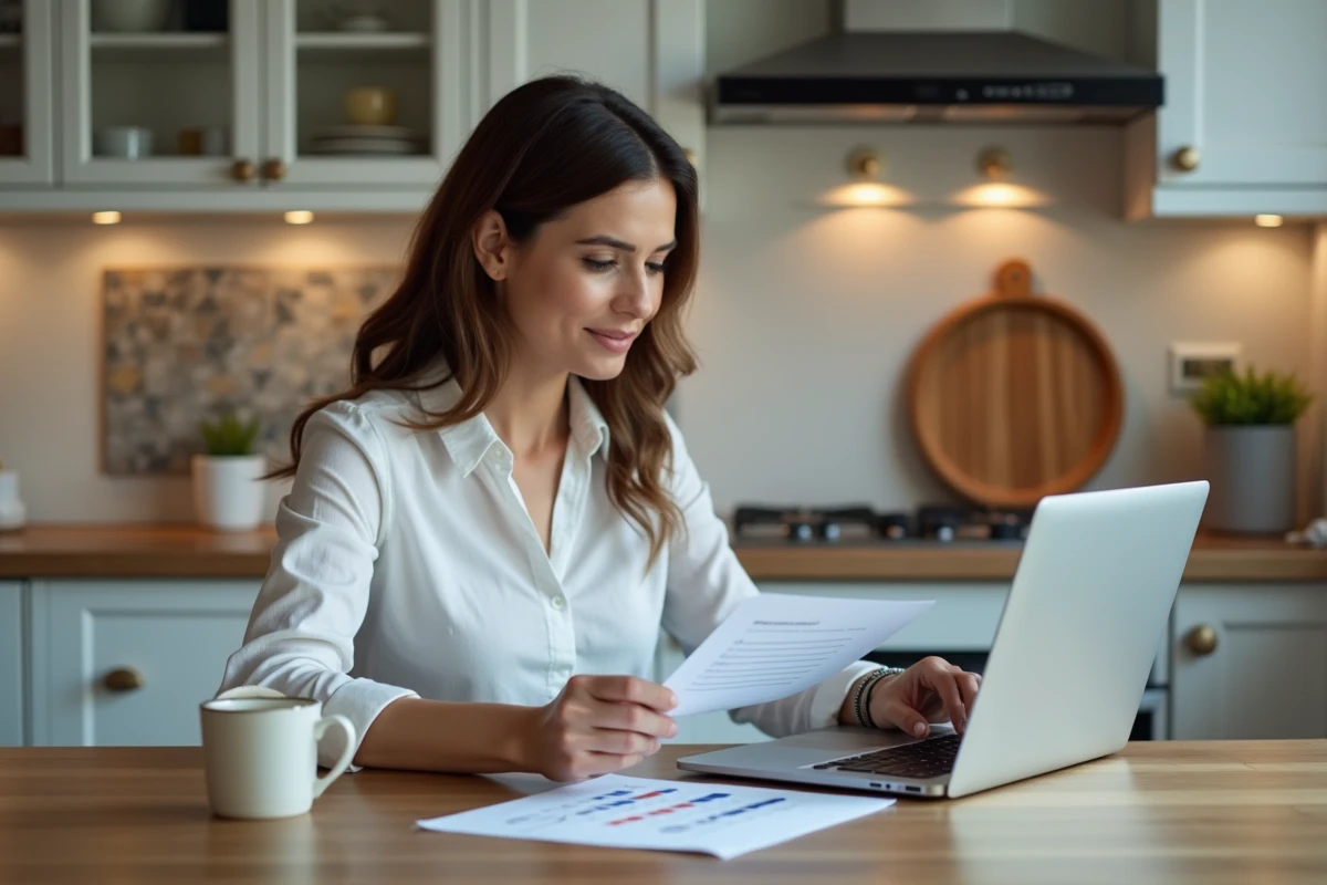 Femme consultant un comparateur d'artisans en ligne sur son ordinateur portable dans sa cuisine, entourée d'échantillons de matériaux pour des travaux de rénovation