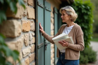 Femme réfléchissant devant une vieille ferme en campagne