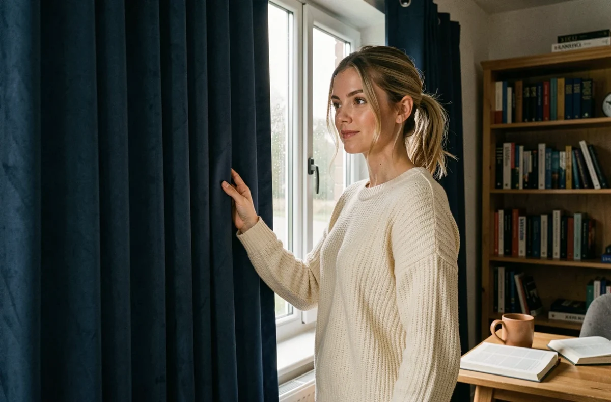 Femme tirant un rideau occultant bleu marine dans un bureau à domicile pour regarder la pluie dehors, ambiance cosy et intimiste