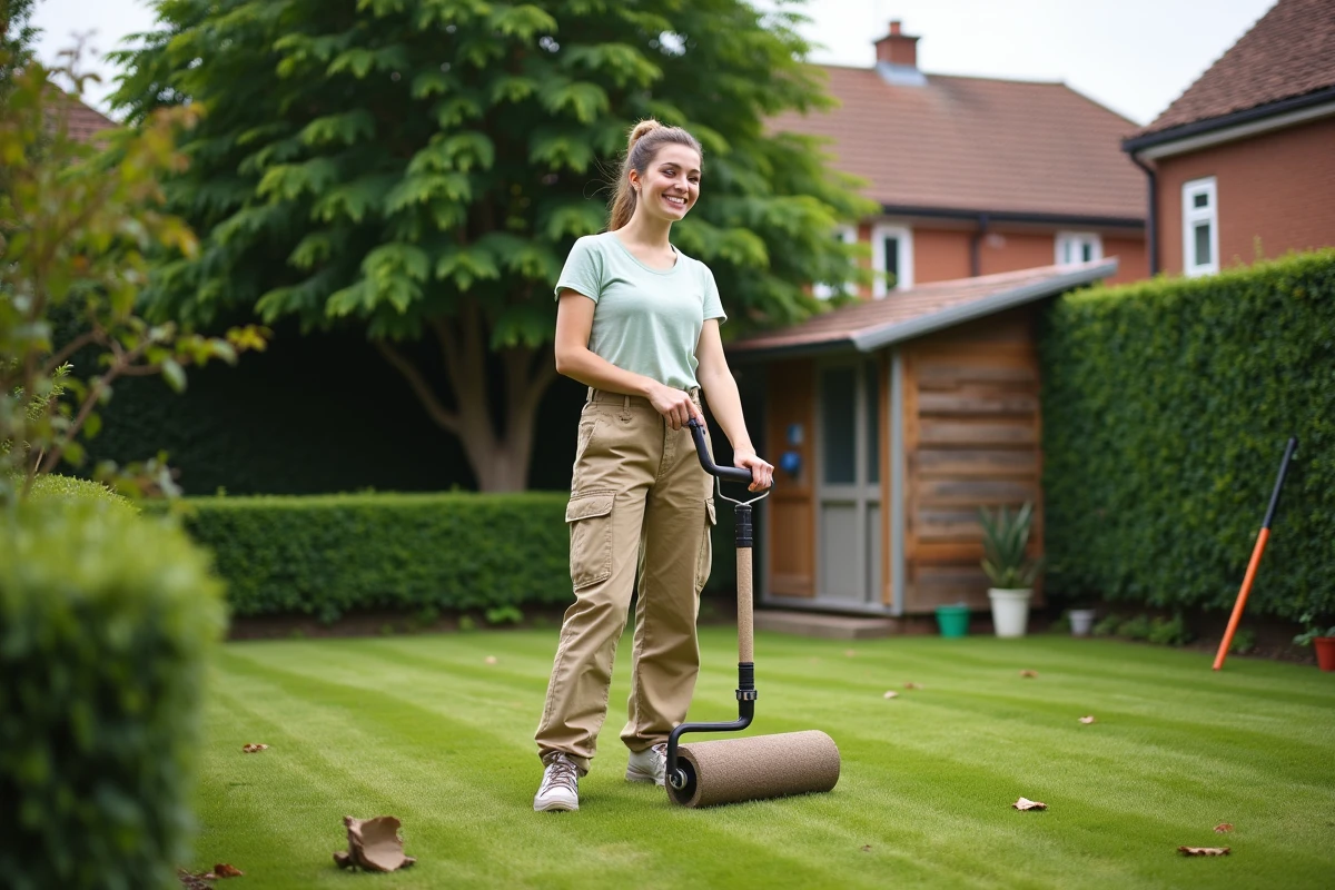 Jeune femme souriante avec rouleau de jardin sur pelouse en cours de reprise