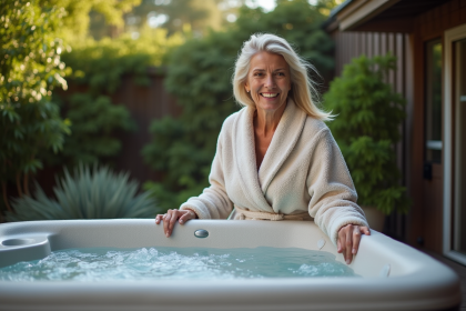 Femme en robe douce ajustant la couverture du spa extérieur
