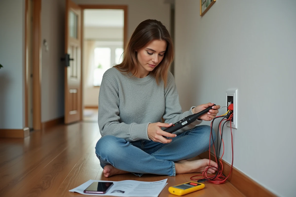 Jeune femme testant câbles téléphoniques dans un couloir