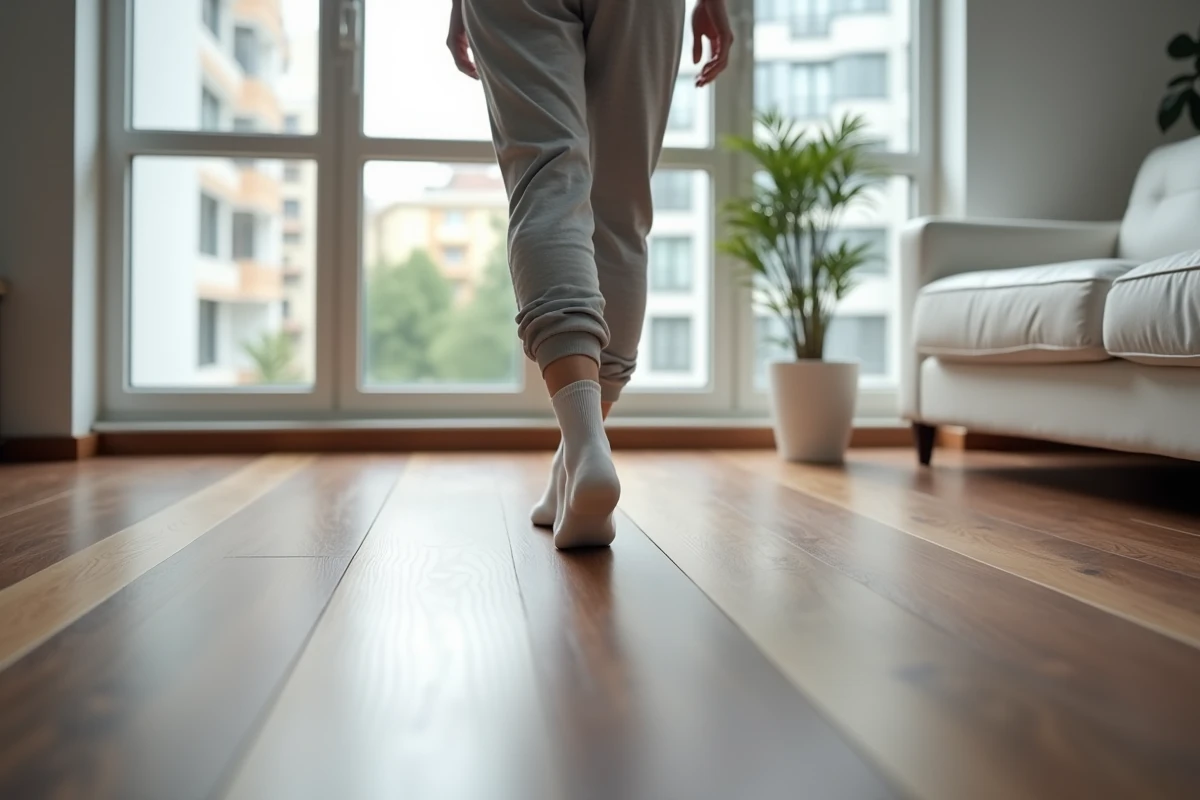 Femme testant si son parquet neuf en noyer grince en marchant prudemment dans un appartement moderne