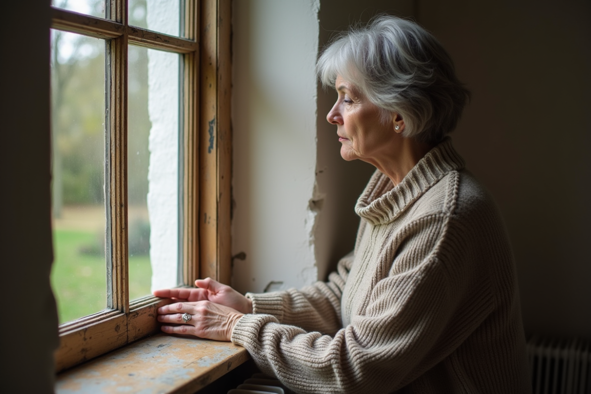 Femme d'âge moyen examine une vieille fenêtre en bois dans son salon