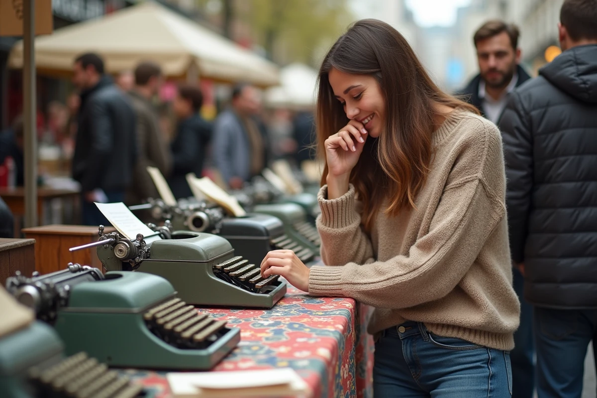 Femme souriante examinant une machine à écrire vintage en marché
