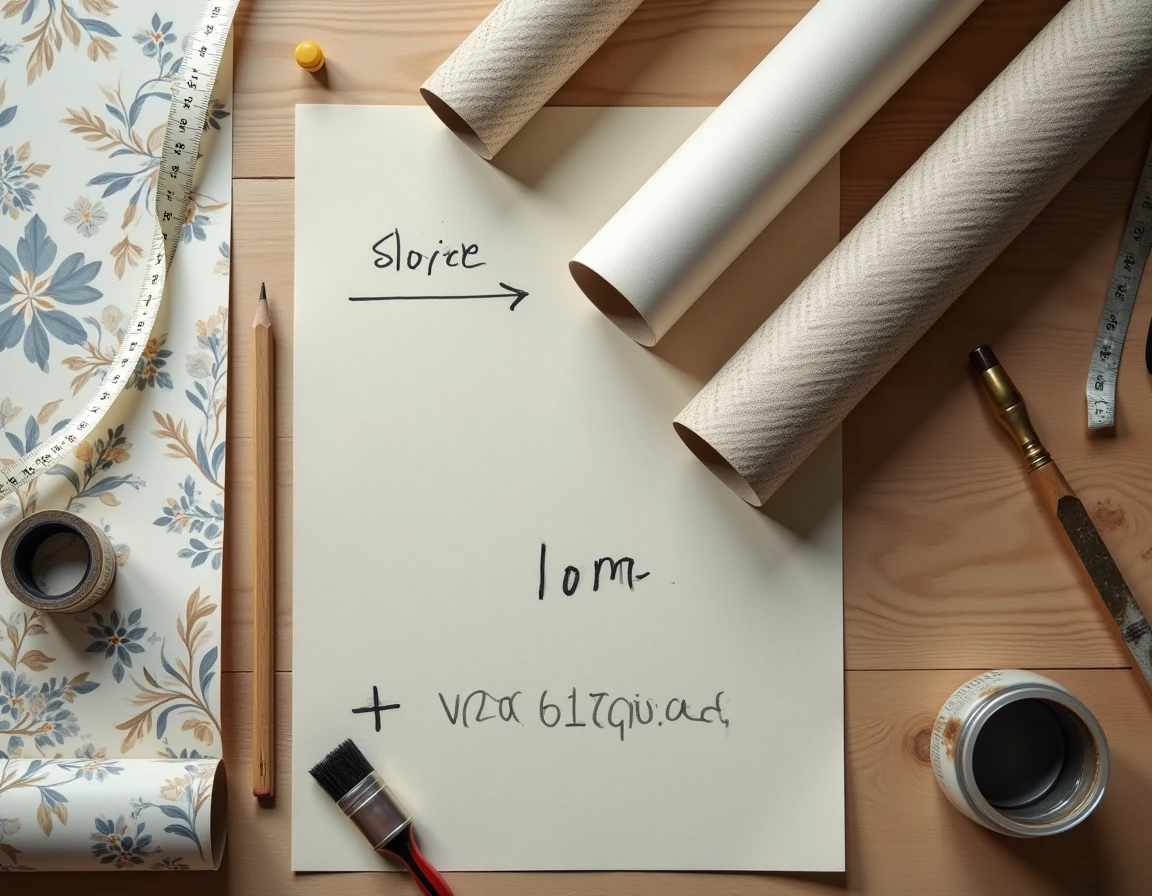Vue du dessus de rouleaux de papier peint déroulés avec outils de calcul et notes manuscrites pour estimer la surface de 10m2