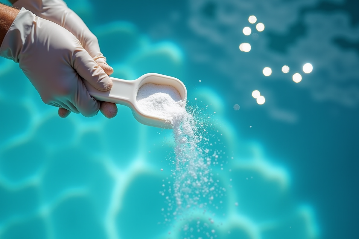 Gants tenant une cuillère de bicarbonate au-dessus des algues dans la piscine
