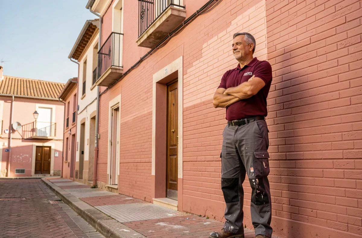Peintre Garcia Peinture inspectant une façade en briques roses fraîchement peinte dans une rue de Toulouse