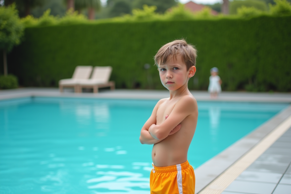 Jeune garçon hésitant au bord de la piscine extérieure
