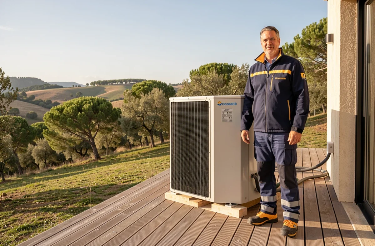 Technicien Gomes Énergies debout devant une pompe à chaleur installée sur terrasse en bois en Occitanie