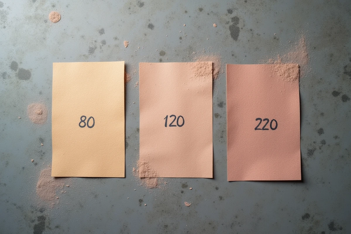 Comparaison de grains de papier de verre 80, 120 et 220 pour le ponçage d'enduit de finition sur établi