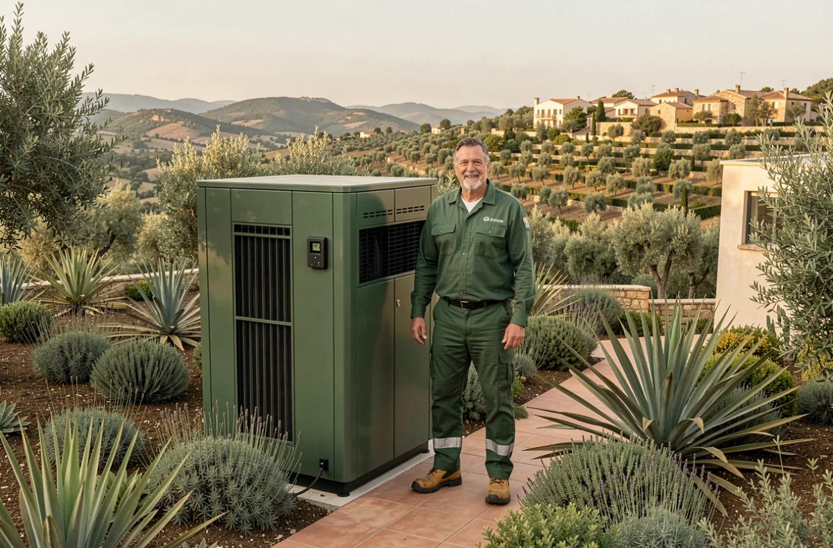 Technicien Green House installant une pompe à chaleur dans un jardin méditerranéen en Occitanie