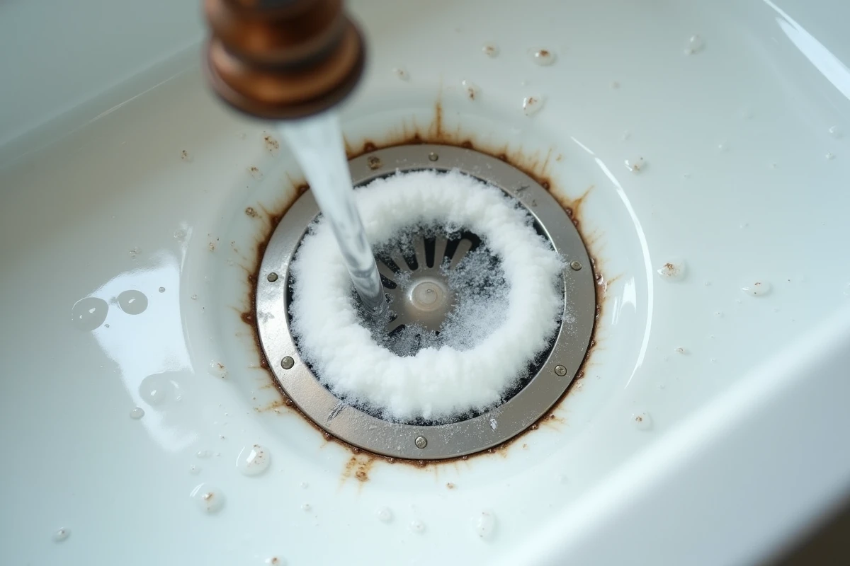 Gros plan sur du bicarbonate de soude dans un évier avec de l'eau chaude qui réagit autour du siphon