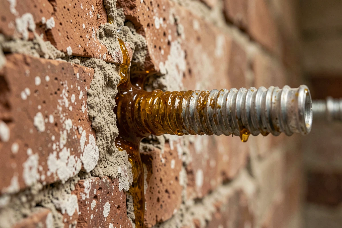 Gros plan sur une cheville chimique installée dans un mur en brique fissuré avec la résine durcie visible autour du boulon fileté