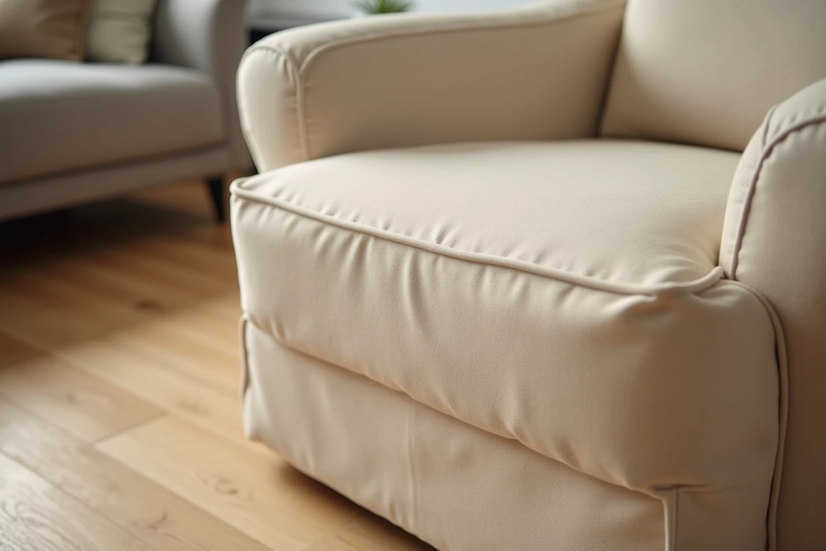 Gros plan sur une housse de fauteuil extensible beige bien ajustée sur un siège de location
