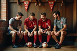 Groupe d'hommes en maillots vintage football dans un vestiaire ancien