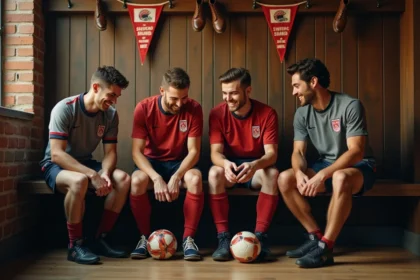 Groupe d'hommes en maillots vintage football dans un vestiaire ancien