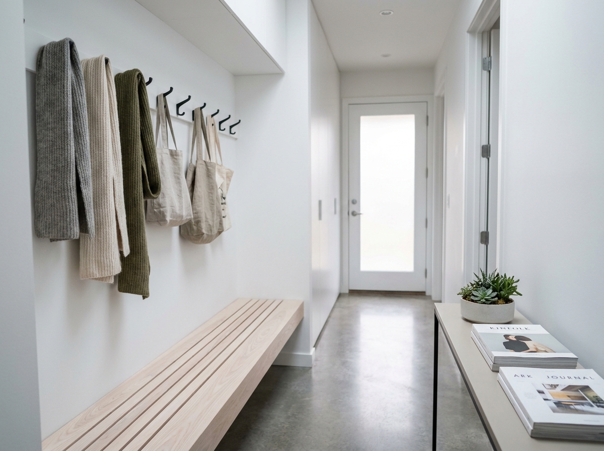 Hall d'entrée résidentiel scandinave minimaliste avec banc en bois clair, patère noire et décoration végétale épurée