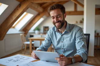 Homme souriant dans un bureau attic rénové avec plans et ordinateur