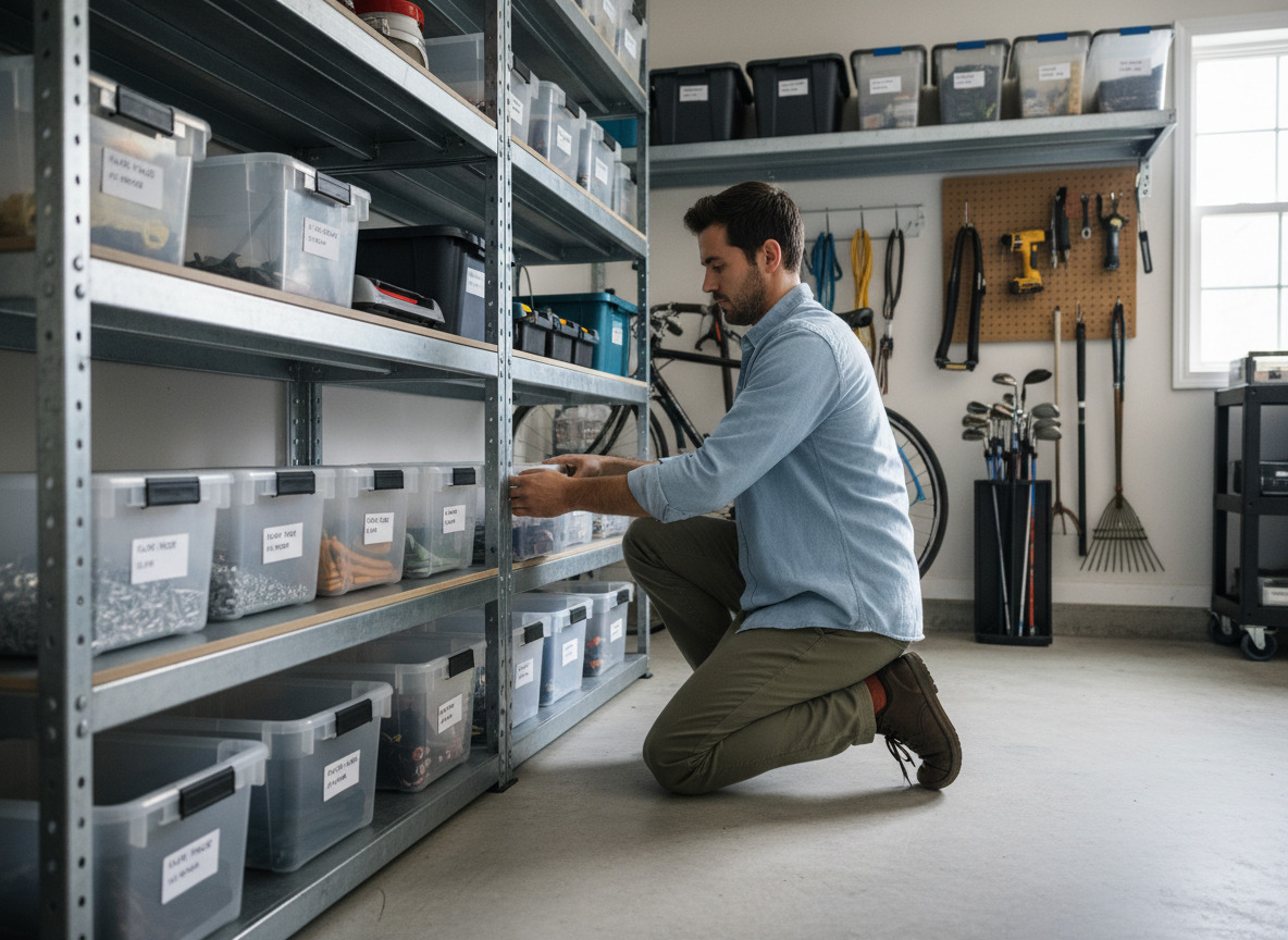 Homme arrangeant des boîtes dans un garage bien rangé