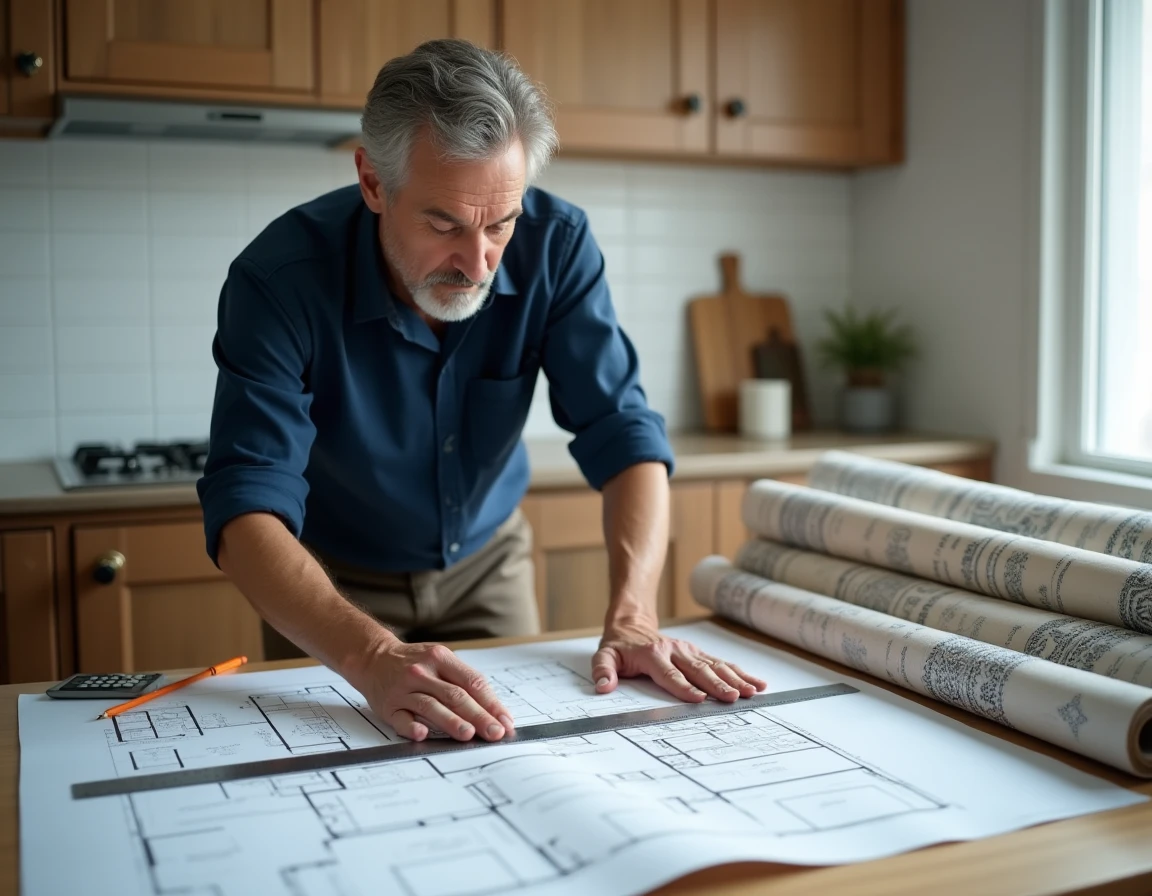 Homme calculant le nombre de rouleaux de papier peint nécessaires sur une table de cuisine avec plan et règle