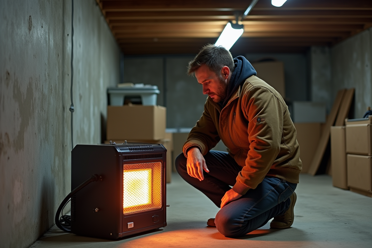 Homme d'âge moyen près d'un chauffage électrique dans un sous-sol