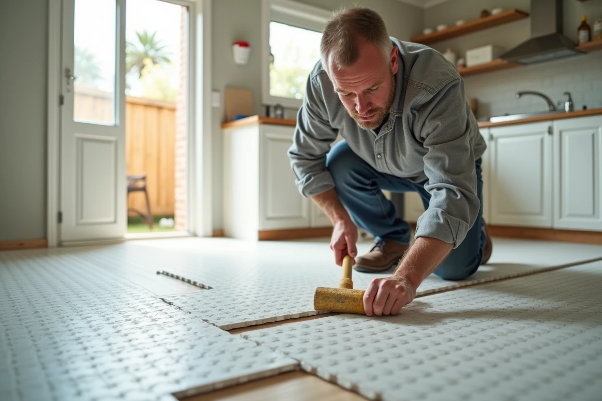 Homme assemblant des planches de PVC dans une cuisine lumineuse