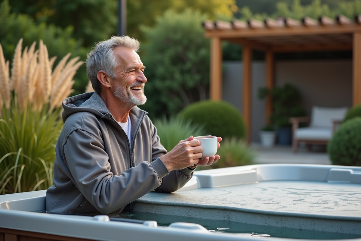 Homme assis au bord du spa dans un jardin paisible