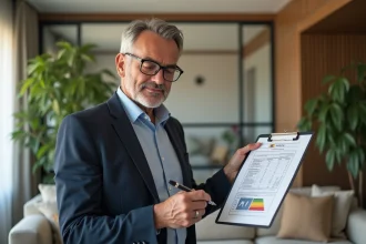 Homme d'affaires étudie un certificat énergie dans un salon moderne