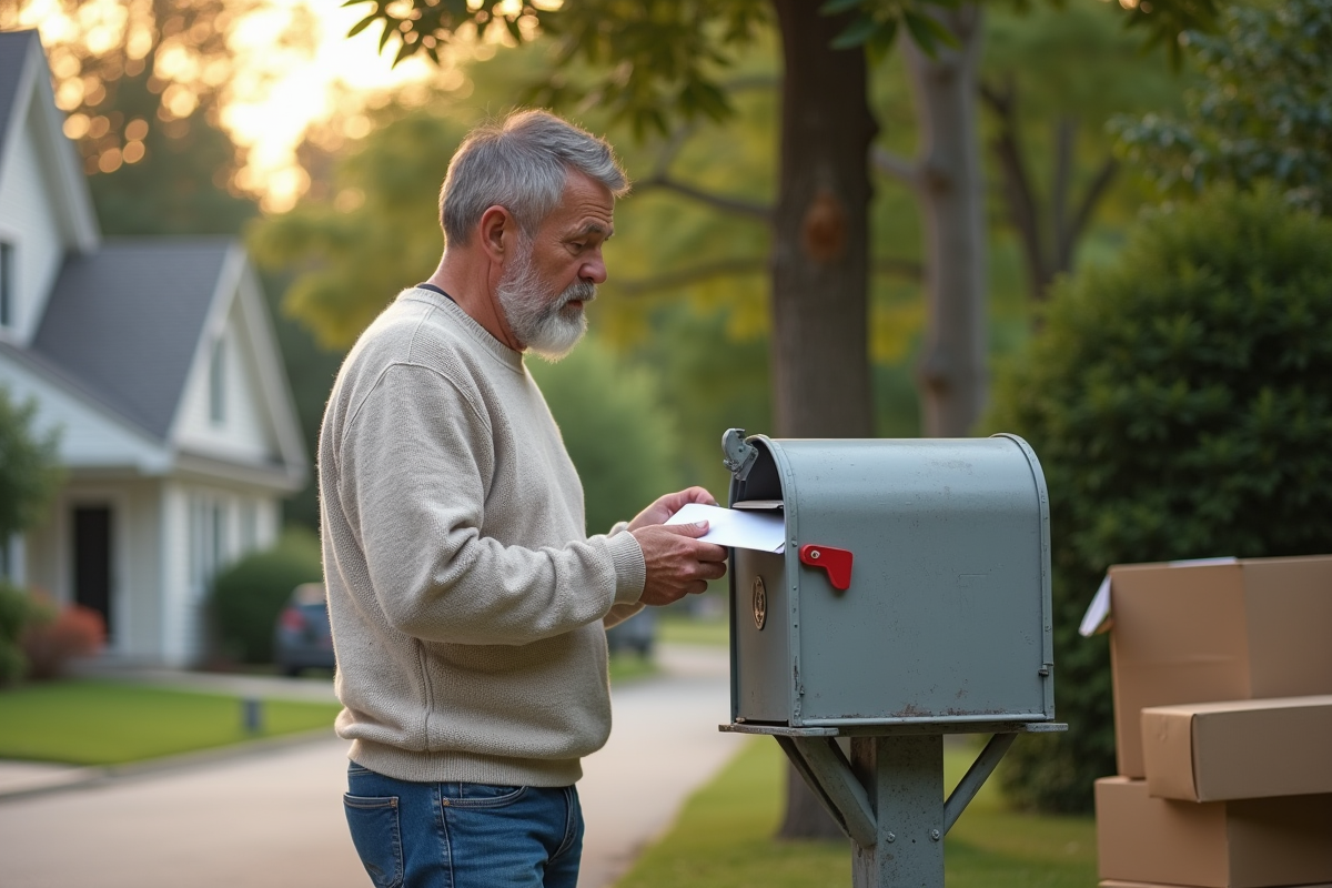 Homme déposant une lettre dans une boîte aux lettres devant sa maison