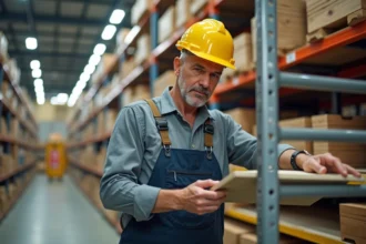 Homme en tenue de chantier examinant une échelle modulaire en magasin