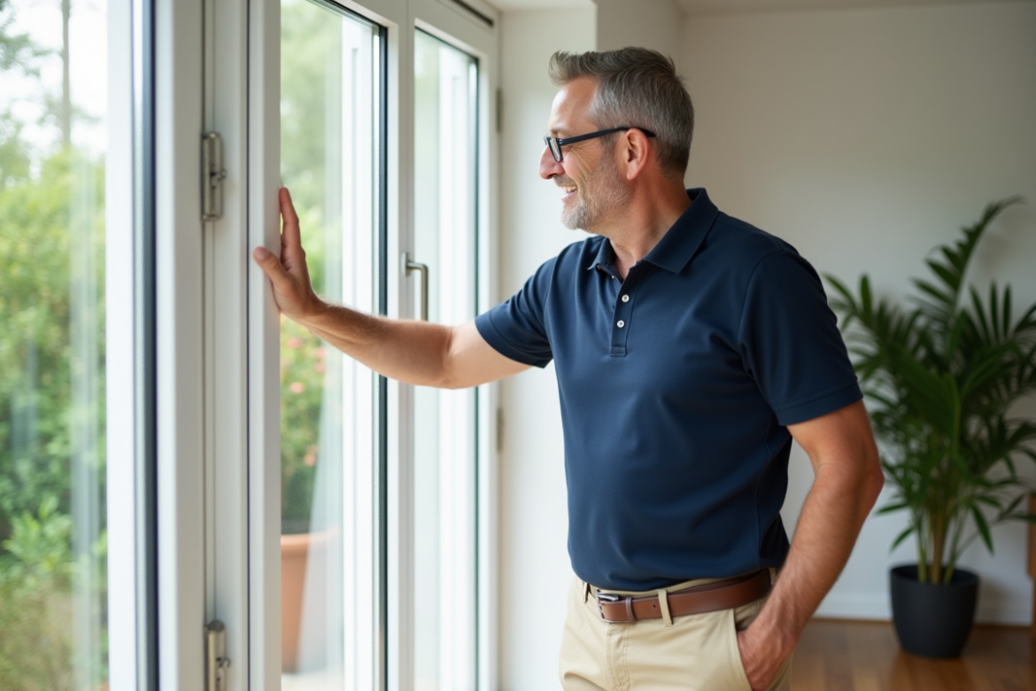 Homme d'âge moyen examine une fenêtre PVC blanche avec curiosité