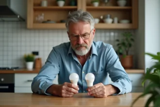 Homme d'âge moyen examinant deux ampoules dans la cuisine