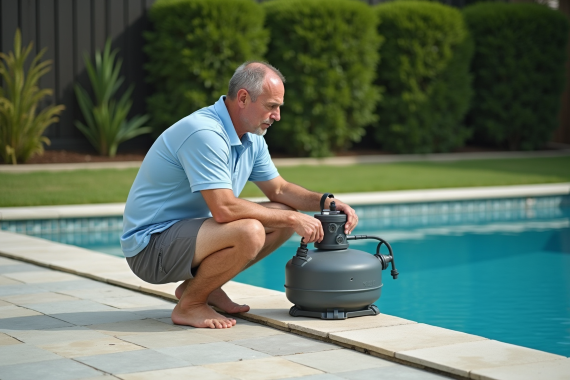 Homme d'âge moyen inspectant un filtre de piscine dans un jardin