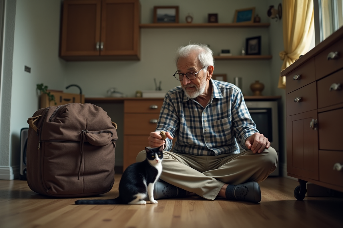 Homme âgé offrant un jouet à son chat dans une pièce en transition
