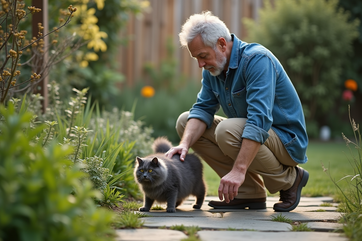 Homme dans le jardin avec chat explorant