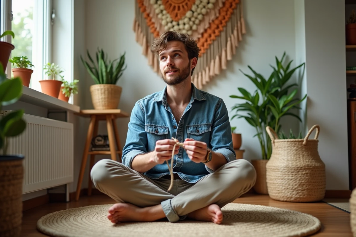 Jeune homme créant une décoration en macrame dans un espace créatif